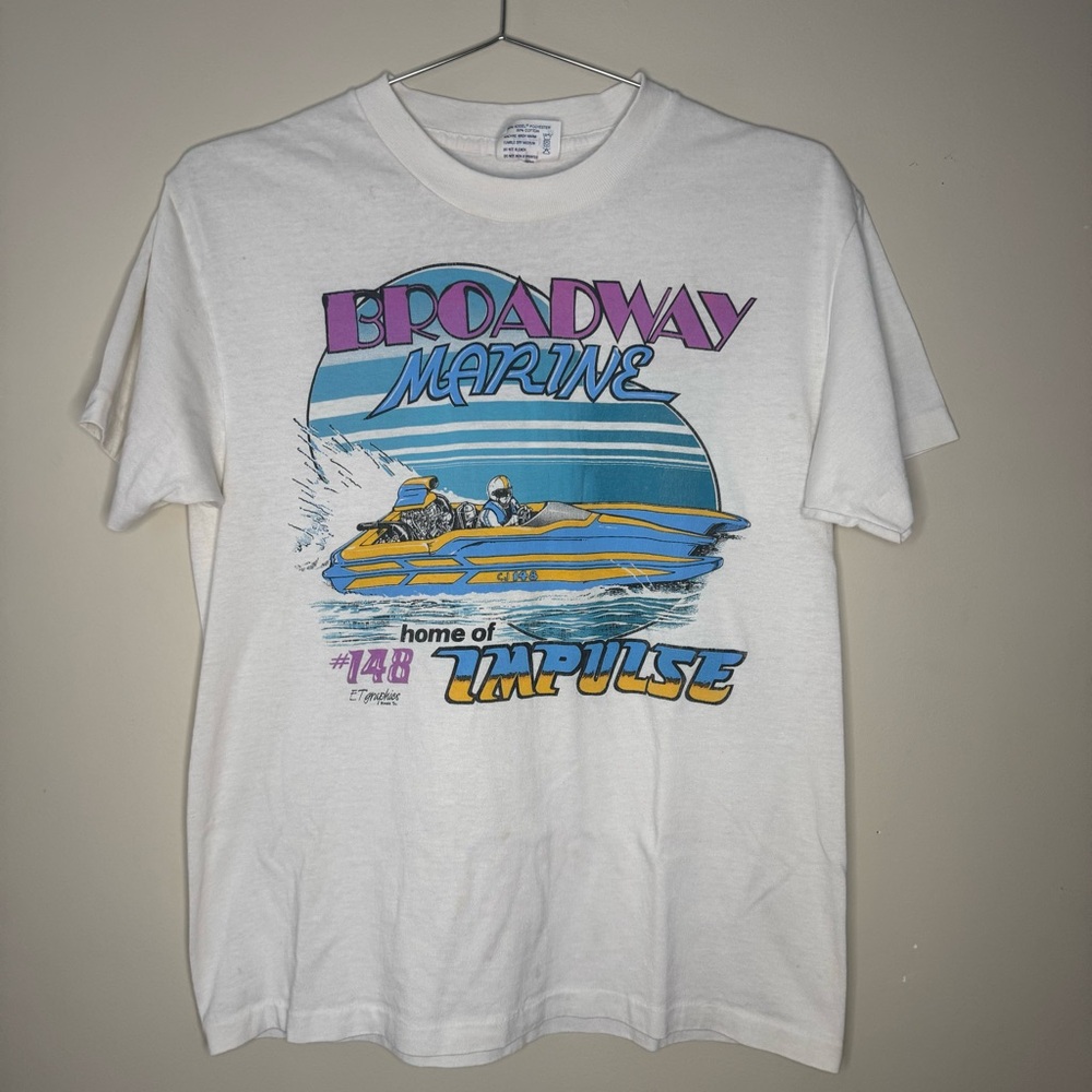 Vintage 80s Single Stitch Boating T Shirt “Broadway Marine: Home Of Impulse” USA